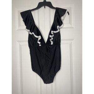 Marina West V Neck Ruffle Trim one piece swimsuit black and white 50 UV nwt